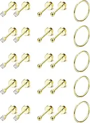 [Adramata] Tiny Stud Earrings for Men Women Surgical Steel Cartilage Flat Back Earrings Hoop Earrings CZ Dot Ball Small 2mm Stud Earrings Set 14K Gold Plated Flatback Cartilage Helix Piercing 20G