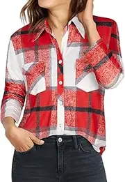 [Ninedaily] Women's Plaid Shirt Collared Button Down Blouse 3/4 Sleeve Tunic Tops