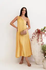 [PUP78] Cali One Shoulder Midi Dress - Saffron XS mustard