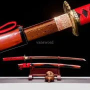 Damascus Folded Steel Japanese Katana Red Blade Sword Battle Ready Full Tang.