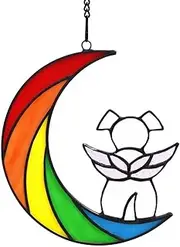 White Dog Stained Glass Window Hanging,Dog Suncatcher for Window, Sun Catchers Indoor Window for Dog Lovers,Cute Puppy on Moon Decor,Rainbow Bridge Pet Memorial (Style1, One Size)