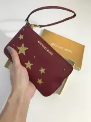 Michael Kors Large Leather Top Zip Wristlet Wallet Red Cherry Gold Stars Purse