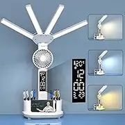 LED Desk Lamp for Office Home, Desk Lamps with Fan, Bright Four-Headed Table lamp, Adjustable Foldable Table Lamp with Clock Date Fan Pen Down,Temperature,Stepless Dimming Desk Lights