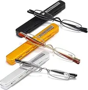 Small Reading Glasses Men Women 3 Pairs Slim Pocket Readers with Pen Clip Metal Case Spring Hinge 1.0 1.5 2.0 2.5 3.0 3.5