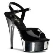 Pleaser DELIGHT-609 Platform Sandals Chrome Black Lacquer Table Dance Pole Dance