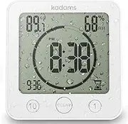 KADAMS Digital Bathroom Shower Kitchen Clock Timer with Alarm, Waterproof for Water Splashes, Visual Countdown Timer, Time Management Tool, Indoor Temperature Humidity, Suction Cup, Hole Stand (White)