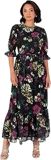 [Lovedrobe] Midaxi Women's Short Puff Sleeve Round Neck Floral Chiffon Ruffle Tiered Bottom Hemline A-line Occasion Dress, Black