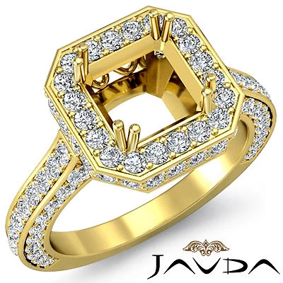 Pave Diamond Engagement Filigree Ring Asscher Semi Mount 14k Yellow Gold 1.7Ct
