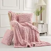 XeGe 3 Pieces Soft Faux Fur Throw Blanket Set, Fluffy Furry Blanket 50x60, Shaggy Plush Fuzzy Blanket with Set of 2 Throw Pillow Covers 20x20 for Bed Couch Sofa Living Room Office Dorm, Pink Ombre