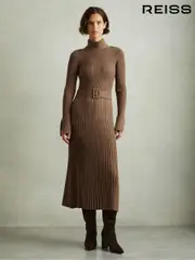 Reiss Mocha Vinette Ribbed Roll Neck Belted Midi Dress (E92557) | $380