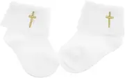 [PACKOVE] 1pair Baptism Socks Turn Cotton Boy Girl Dedication Socks for Year Old Newborns Non- Safety Christening Booties Cross Embroidery All-purpose Wear