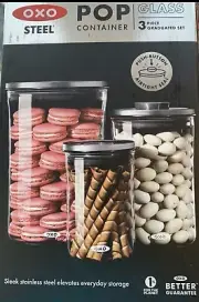 OXO Steel 3-Piece Graduated Glass POP Canister Kitchen Storage Air Tight Jar Set