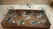 New Blue Dragonfly Hand Painted Brandy Snifter & Glasses w/ Server & Tray 8 pcs
