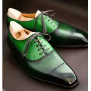Custom Made Green And Black Shaded Leather Oxford Lace Up Toe Cap Casual Shoe