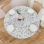 NLMUVW Round Fitted Vinyl Tablecloth with Elastic Edge 100% Waterproof Oil Proof PVC Table Cloth Wipe Clean Table Cover for Indoor and Outdoor, Grey Flower, 40"- 44"