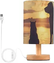 [ZRYSMY] Table Lamp Sunset Dog Cat with USB Port for Living Room Nightstand Lamp with Linen Fabric Shade Small Bedside Lamps for Bedroom, Dorm, Office (LED Bulb Included)