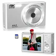 Digital Camera,Digital Camera 4K 44MP, Compact Point and Shoot Digital Cameras, 64 GB SD Card, Vintage Digital Camera for Kids Boys Girls, Silver