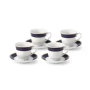 Elegant Durable Porcelain Tea Cup and Saucer Set - Blue and Gold, 8 oz. Set of 4