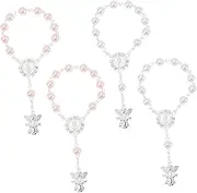 Hohopeti 4pcs Baptism Rosaries Angel Pendant for Shower Favors Silver and Pink Christening Beads Unique Christian Jewelry for Baptism Girls
