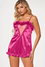 Seven Til Midnight Vintage Glam Pink Crepe Babydoll with Marabou Trim