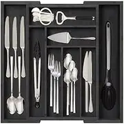 Bamboo Drawer Organizer, Expandable Silverware Organizer, Utensil Drawer Organizer, Cutlery Tray with Dividers, 6-8 Slots, Kitchen Organizer for Utensils & Flatware(Black)