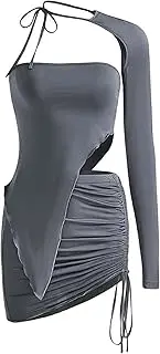 [Generic] Women's 3 Piece Outfit Tube One Shoulder Top Shrug and Drawstring Ruched Bodycon Mini Skirt Sets
