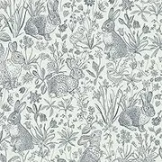Livelynine Blue Bunny Wallpaper Peel and Stick Vintage Floral Rabbit Farmhouse Blue and White Wall Paper for Bedroom Whimsical Woodland Toile Removable Contact Paper for Cabinets Drawers 17.5x78.8"