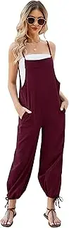[Flygo] Women's Fashion Cotton Linen Overalls Loose Fit Adjustable Spaghetti Straps Wide Leg Baggy Jumpsuit Rompers