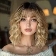 Ombre Blonde Wigs with Bangs Blond Wig for Women 14Inch Short Wavy Wigs Shoul...