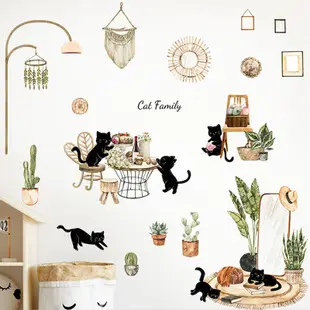 【橘果設計】黑貓玩耍 可愛貓咪 壁貼 綠葉植物 壁貼 卡通壁貼 動物壁貼 無痕背膠 防水壁貼 盆栽壁貼 台灣現貨