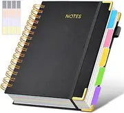 Hardcover Spiral Notebook journal with Removable Dividers Tabs, 300 Pages Leather 5 Subject Notebook College Ruled, 100GMS A5 Notebooks for Work School Note taking,Lined Journal for Women,A5-Black