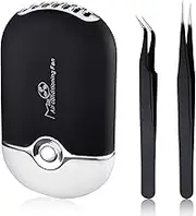 USB Air Conditioning Blower Handheld Eyelash Fan Dryer Rechargeable Eyelashes Dryer Fan Mini Portable Fans with 2 Pieces Straight and Curved Tweezers for Eyelash Extensions Women(Black)