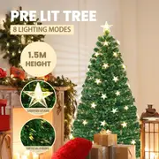Costway 1.5M Pre-lit Christmas Tree Xmas Tree 8 Light Modes w/Stars Xmas Decoration Home Party Green