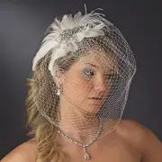 Vintage White or Ivory Feather Birdcage Bridal Veil w/Rhinestone Pearl Hair Clip
