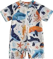 [Geagodelia] Toddler Baby Boy Swimsuit with Hat Zip Up Short Sleeve All in One Swimming Costume UV Sun Protection Swimwear One Piece Swimming Suit Rash Guard Sunsuit