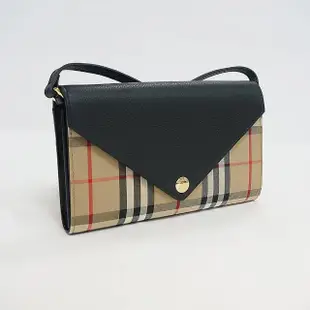 【BURBERRY 巴寶莉】BURBERRY VINTAGE經典格紋帆布牛皮12卡斜背扣式長夾(黑)