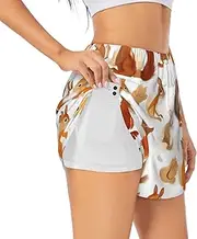 [WURTON] Cute Squirrels Print Exercise Gym Workout Shorts Women's Athletic Shorts Dual-Layered Yoga Running Shorts