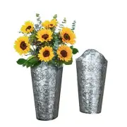 Set of 2 Rustic Farmhouse Galvanized Metal Wall Planters, with Floral Accents