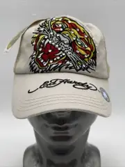 Don Ed Hardy Beige Snapback Hat Embroidered Tiger Embellished with Rhinestones