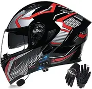 Bluetooth Motorcycle Helmet Motorcycle Flip-Up Helmet Integrated Motorcycle Helmet with Anti-Fog Double Visor DOT/ECE Approved Full Face Motorcycle Racing Helmet for Men and Women B,2XL/61-62CM