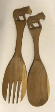 African Wooden Salad Serving Spoon And Fork Set Hand Carved Hyenas Tongs