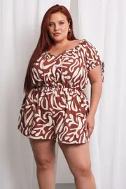 Brown Abstract Playsuit Short Sleeve Linen Blend