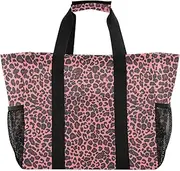 [sanluoli] Tote Bags Foldable Beach Bag With Pockets Canvas Travel Laundry Bag, Leopard Skin Print Black Pink, 1 size
