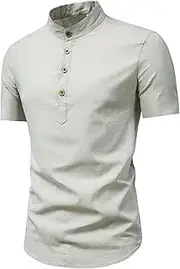 [Aosufei] Men's Stand-Up Collar Button T-Shirt Breathable Short Sleeve Slim T-Shirt Casual Solid Cotton Linen T-Shirts