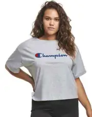 NEW Champion Womens Plus Size Cropped T-Shirt Tee Script Logo, Gray, Size 3X