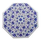 30" White Marble Side Coffee Table Lapis Gemstone Floral Inlay Art Bedroom Decor