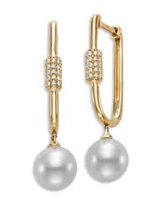 Bloomingdale's Fine Collection Cultured Freshwater Pearl & Diamond Charm Oval Hoop Earrings in 14K Yellow Gold