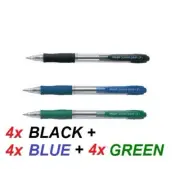 Pilot Supergrip FINE tip Ballpoint pen 0.7mm - 4x BLACK + 4x BLUE + 4x GREEN