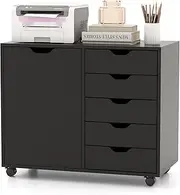 Giantex 5-Drawer Mobile Side Cabinet with Wheels, Lateral Filing Organizer, Drawer Chest with Door, Modern Storage Cabinet Printer Stand w/Large Tabletop for Home Office (Black)