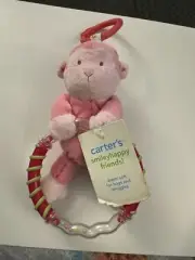 New Carter’s Baby Pink Monkey Plush Clip On Toy Rattle OC30